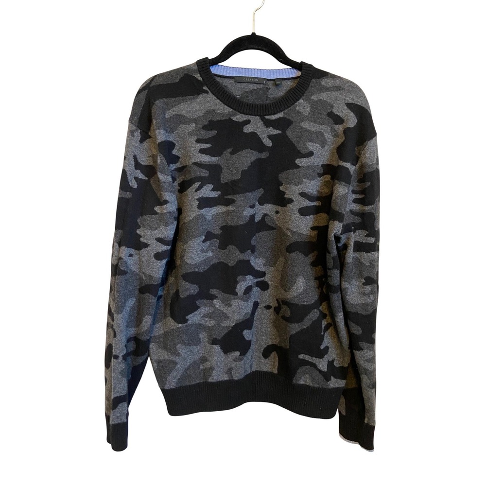 Greyson Mens Wool Cashmere Camouflage Crewneck Sweater Grey Black Large